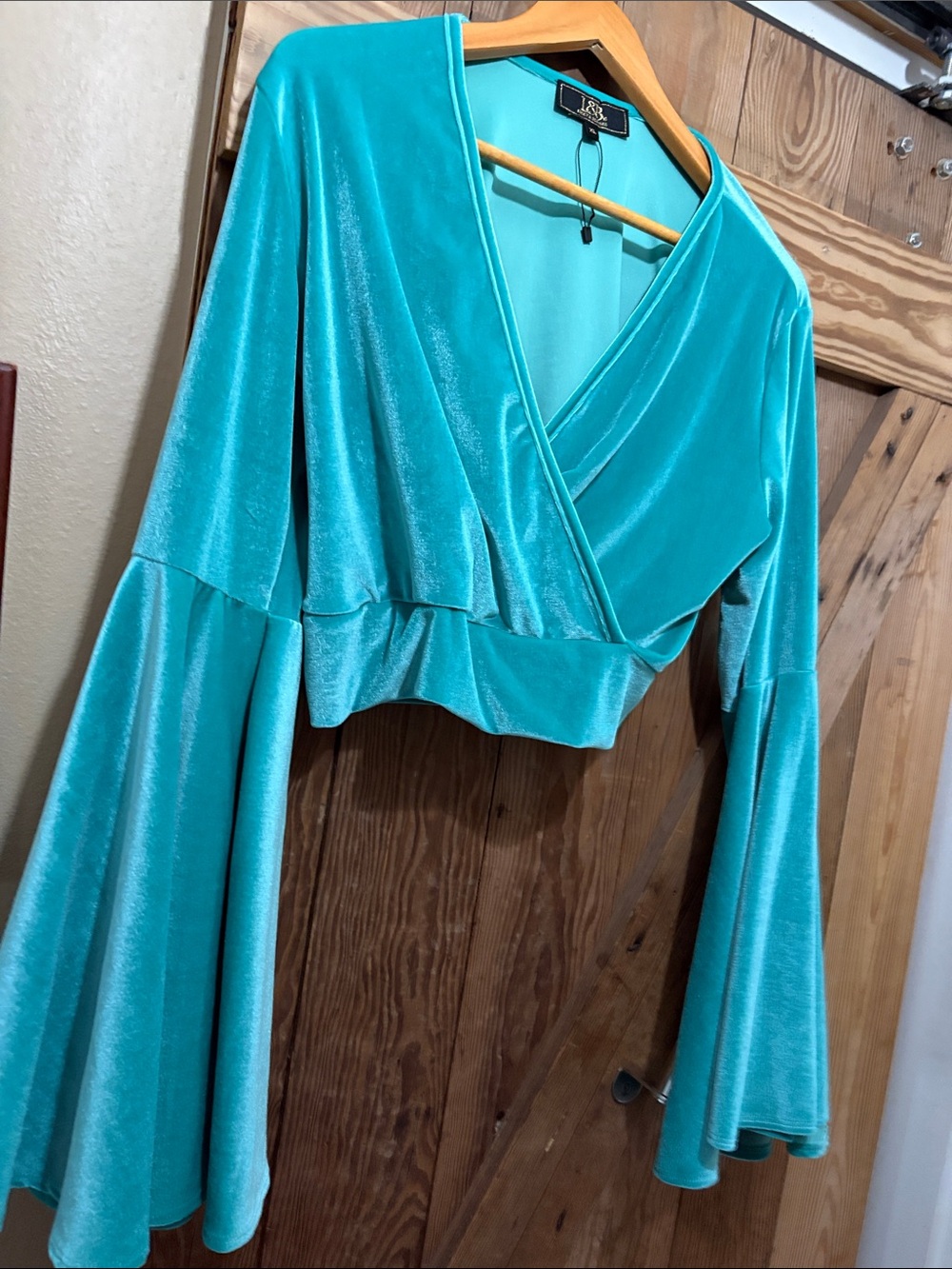 L&B Turquoise Velvet Wrap Crop Top with Flared, Gorgeous Sleeves!!